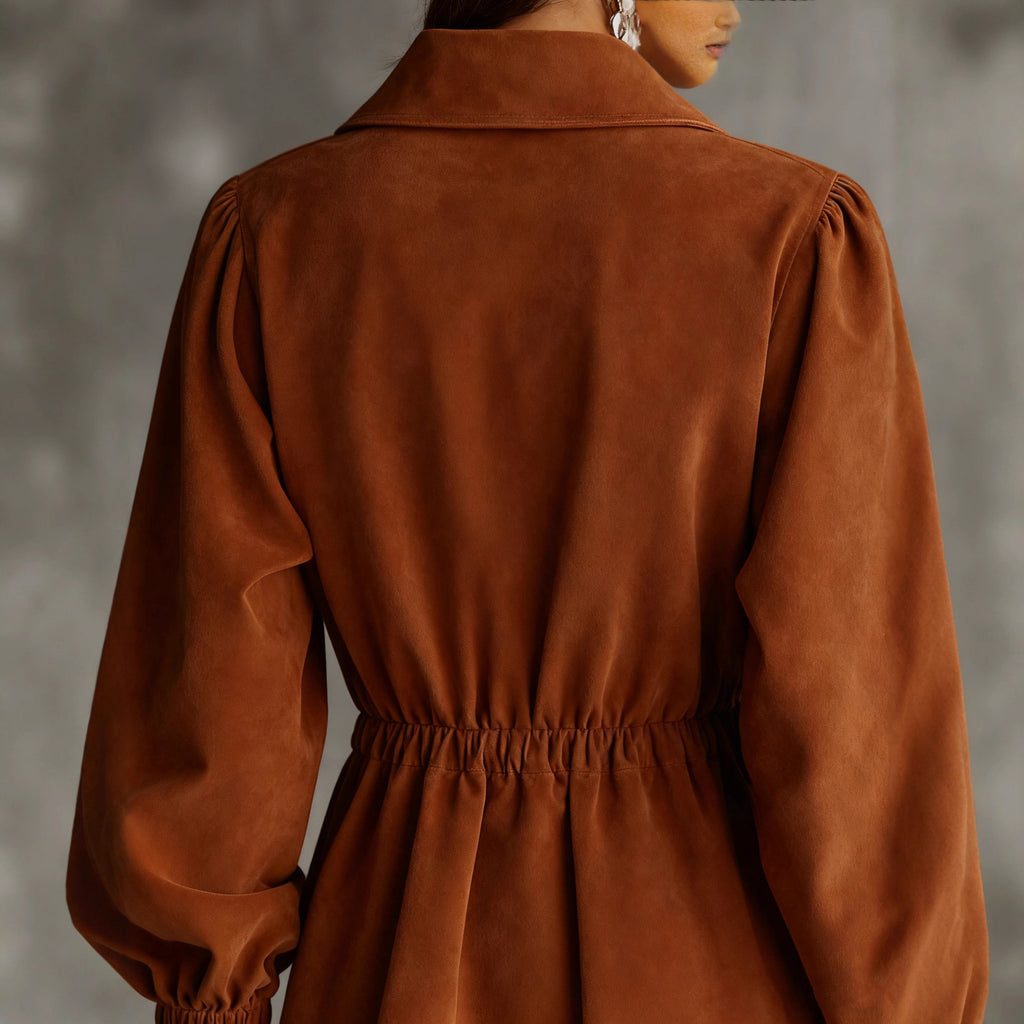 Brown Zip-Front Shirt Dress With Elastic Waist And Long Sleeves