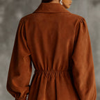Brown Zip-Front Shirt Dress With Elastic Waist And Long Sleeves