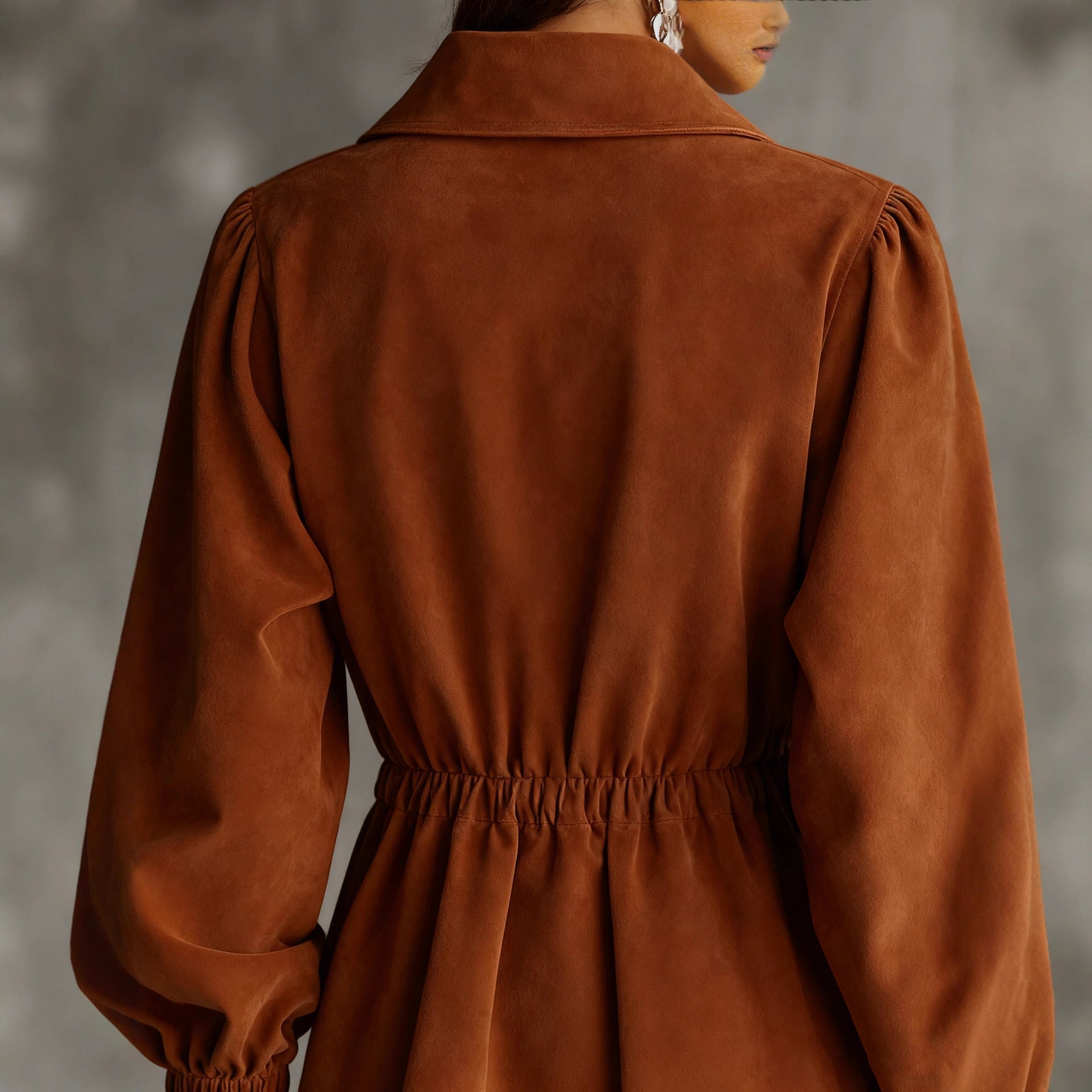 Brown Zip-Front Shirt Dress With Elastic Waist And Long Sleeves