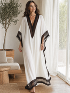 Elegant Resort Chiffon Contrast-Trim V-Neck White Kaftan Maxi Dress