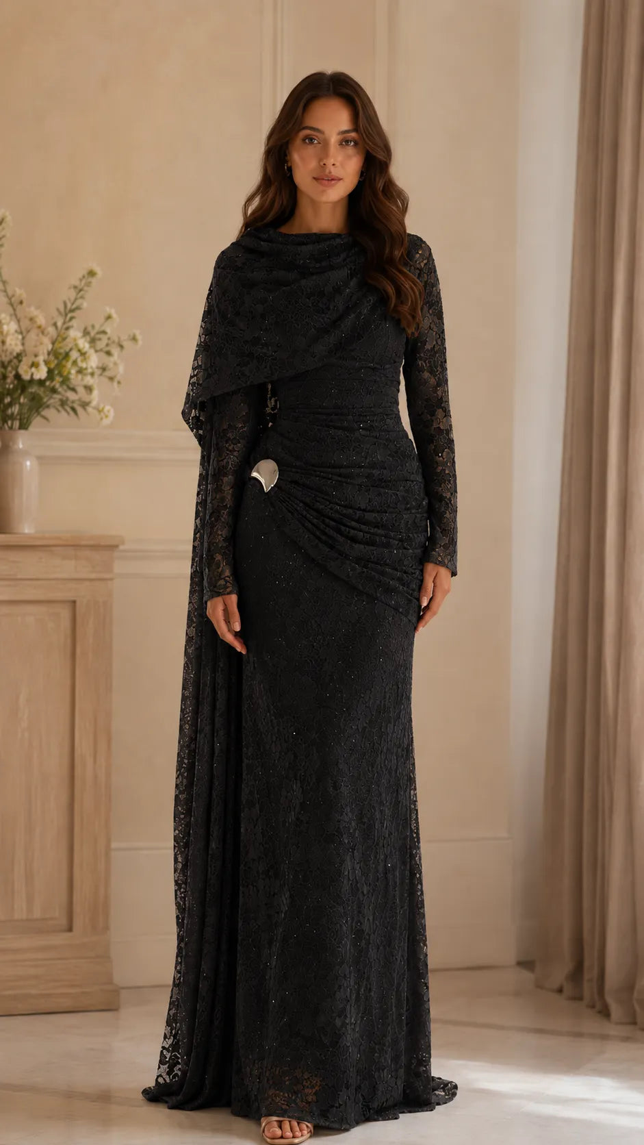 Lace Draped Cape Sleeve Maxi Evening Dress