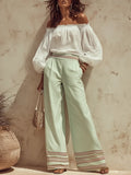 Elegant Vacation-style Off-the-shoulder Top And Color-blocked Striped Flared Pants Set