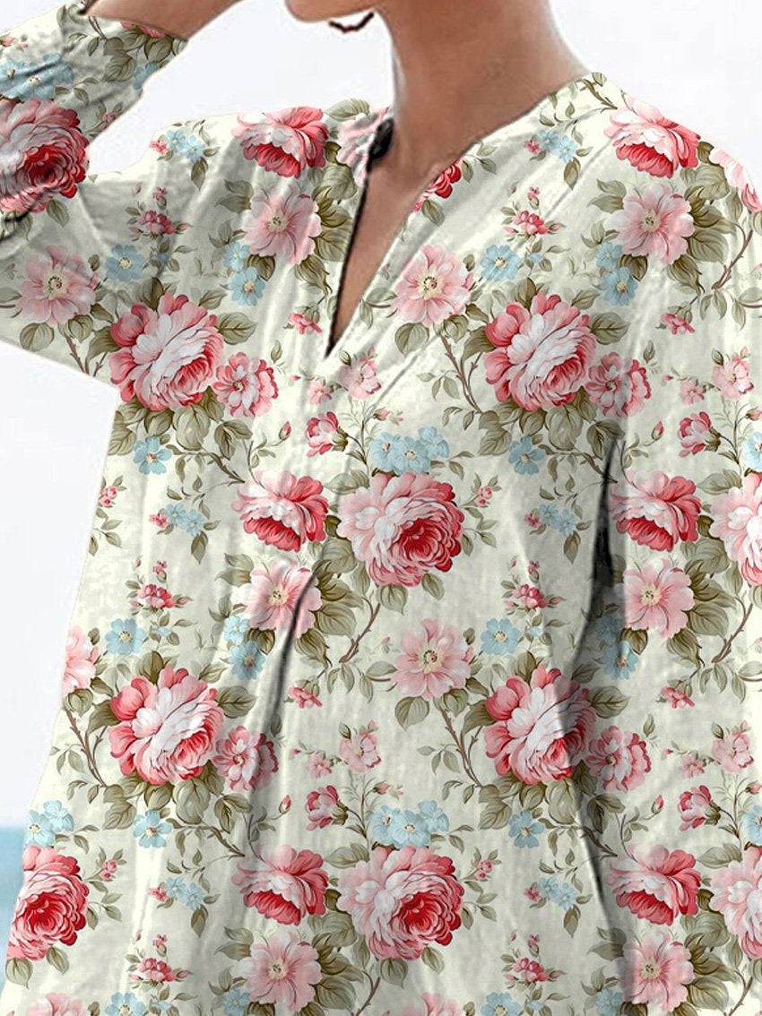 Damen V-Ausschnitt Leinenhemd mit romantischem Rosenmuster im Vintage-Stil