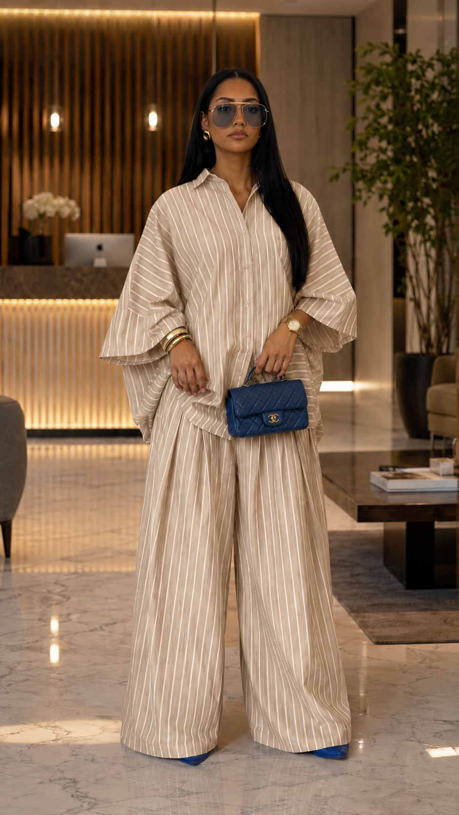 Boho Chic Striped Linen Blend Set - Flared Sleeve Button-Up Top & Wide Leg Pants Co-ord