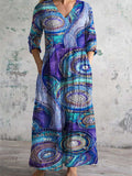 Damen V-Ausschnitt Vintage Kunst Abstraktes Muster Baumwoll-Leinen-Kleid