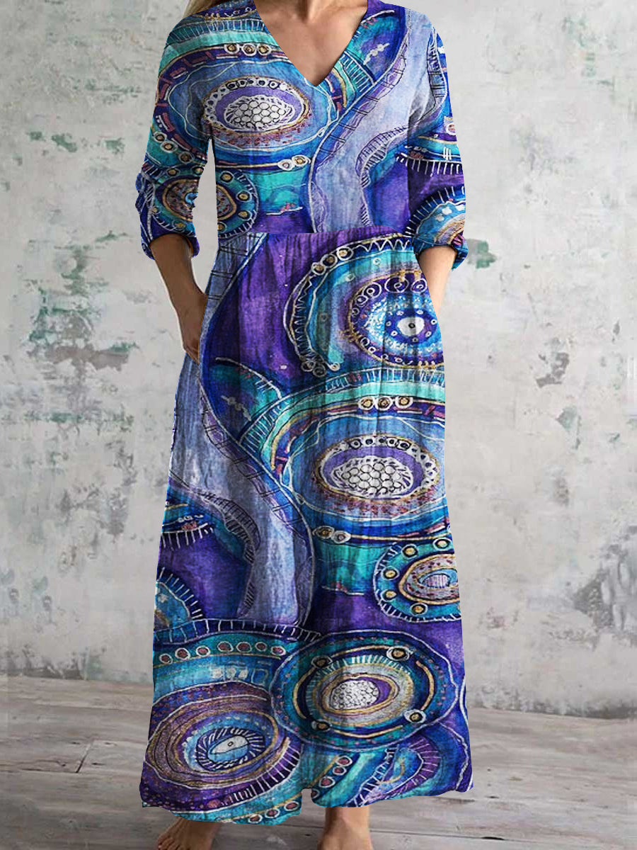 Damen V-Ausschnitt Vintage Kunst Abstraktes Muster Baumwoll-Leinen-Kleid