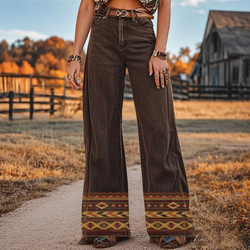 Women's Retro Western Cowgirls Geometric Country Ethnic Printed Faux Denim Wide Leg Pants