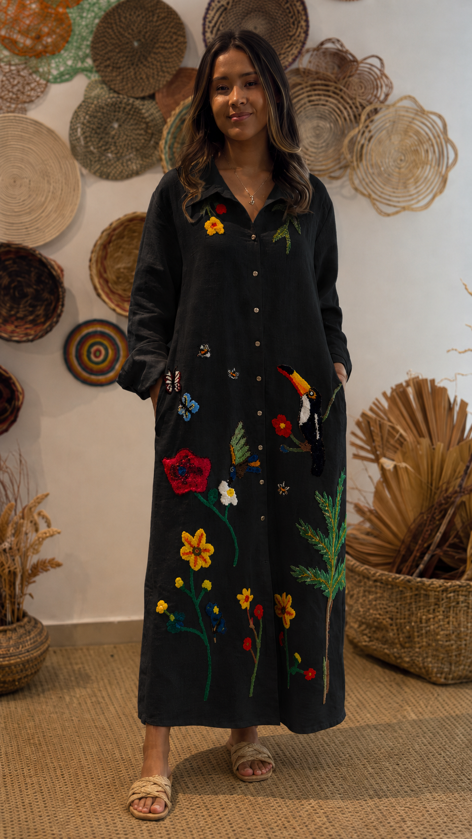 Boho Embroidered Oversized Shirt Dress - Long Sleeve Button Down Maxi Dress with Tropical Bird & Floral Print