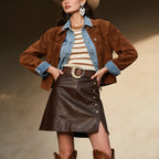 Women's Vintage Chic Leather Skirt With Metal Buckle Side Slits