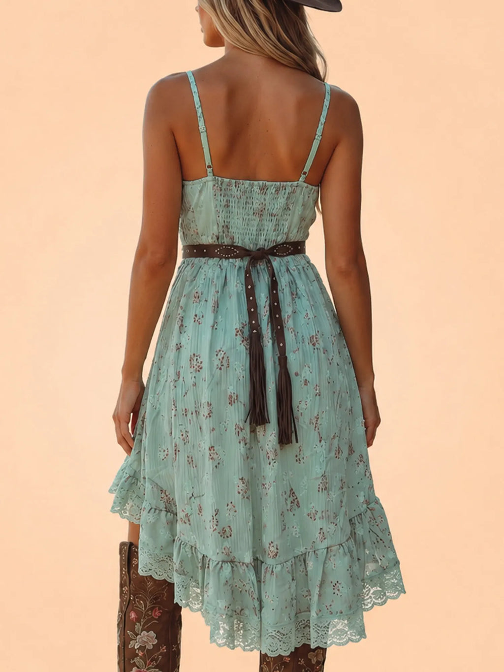 Western-Style Mini Dress — Mint Light Green Heavily Pleated Chiffon Deep V-Neck Floral Print Mini Dress With Belt, Shorter In The Front And Longer In The Back.