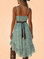 Western-Style Mini Dress — Mint Light Green Heavily Pleated Chiffon Deep V-Neck Floral Print Mini Dress With Belt, Shorter In The Front And Longer In The Back.