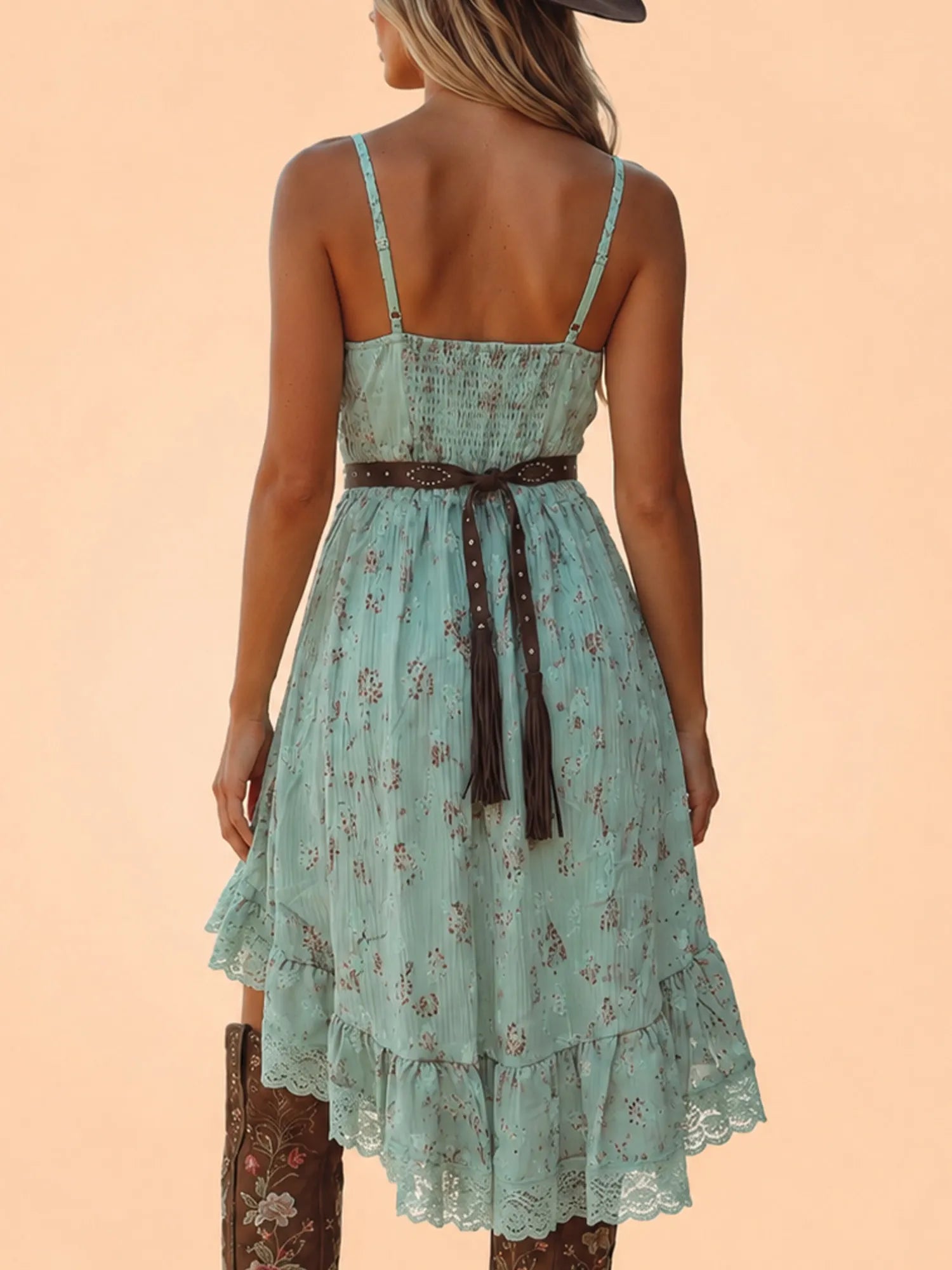 Western-Style Mini Dress — Mint Light Green Heavily Pleated Chiffon Deep V-Neck Floral Print Mini Dress With Belt, Shorter In The Front And Longer In The Back.