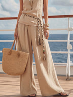 Mediterranean Coast Style Beige Sleeveless Top And Wide-Leg Pants Set