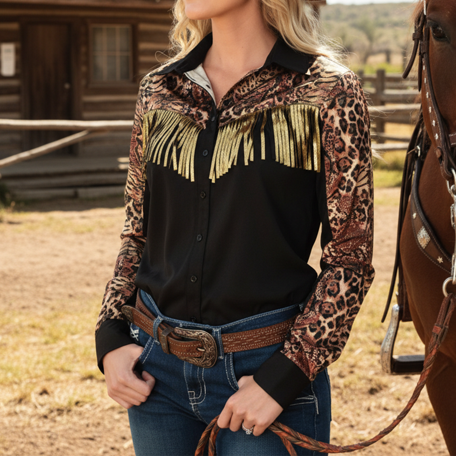 Women's Vintage Western Style Leopard Print Fringe Shirt
