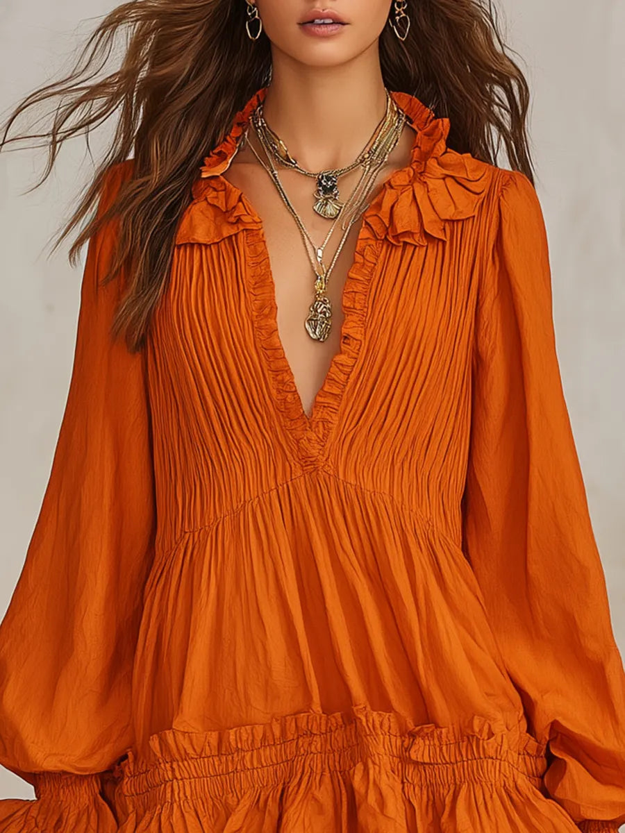 Elegant Retro Vacation V-neck Long-sleeved Ruffle Mini Dress