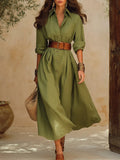 Elegant Vacation Solid Color Cotton Linen Shirt Dress