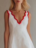 Island Vacation White And Red Scallop Trim Linen-Blend Mini Dress