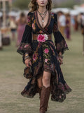 Boho Floral Print V-Neck Maxi Dress With Lace Trim And High-Low Hem In Cotton Blend Fabric