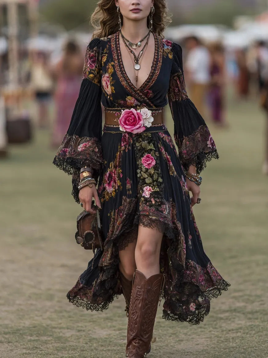 Boho Floral Print V-Neck Maxi Dress With Lace Trim And High-Low Hem In Cotton Blend Fabric