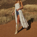 Western Cotton Blend White Tiered Maxi Dress Bustier Flyaway Tunic With Lace Detailing And Adjustable Straps For Boho Style