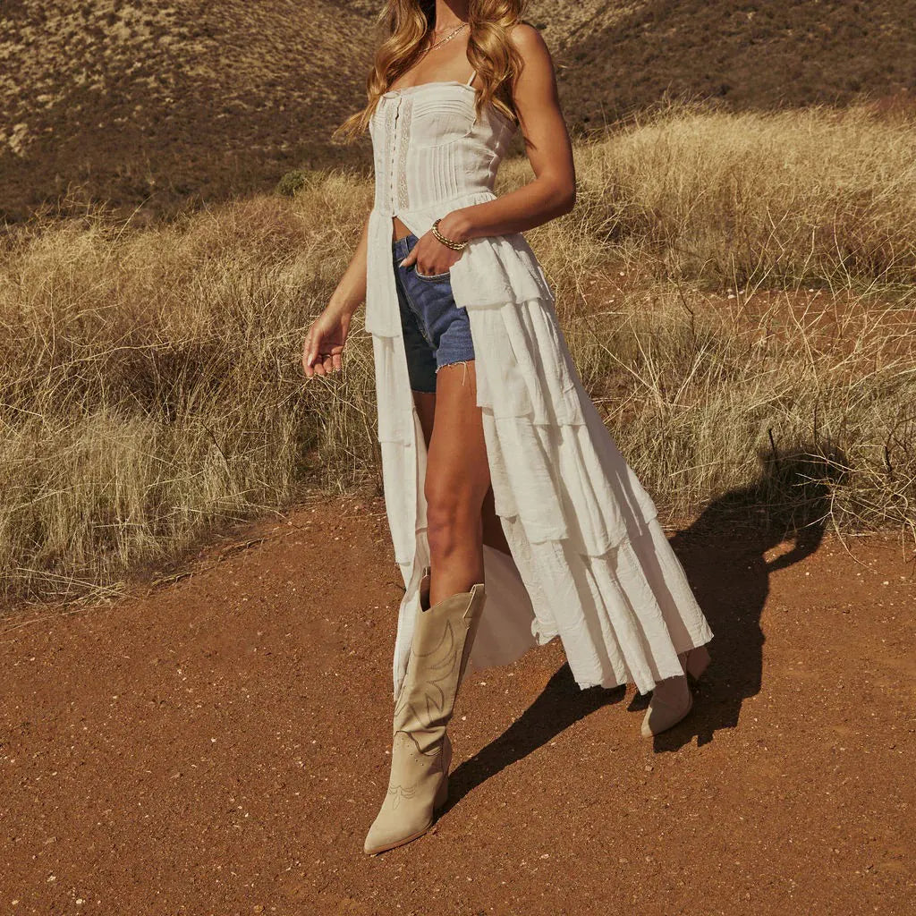 Western Cotton Blend White Tiered Maxi Dress Bustier Flyaway Tunic With Lace Detailing And Adjustable Straps For Boho Style