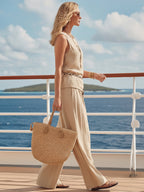 Mediterranean Coast Style Beige Sleeveless Top And Wide-Leg Pants Set