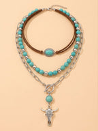 Vintage Western Layered Necklace, Women's Turquoise Bull Skull Pendant Set
