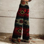 Women's Retro Distressed Western Geometric Country Ethnic Printed Faux Denim Wide Leg Pants
