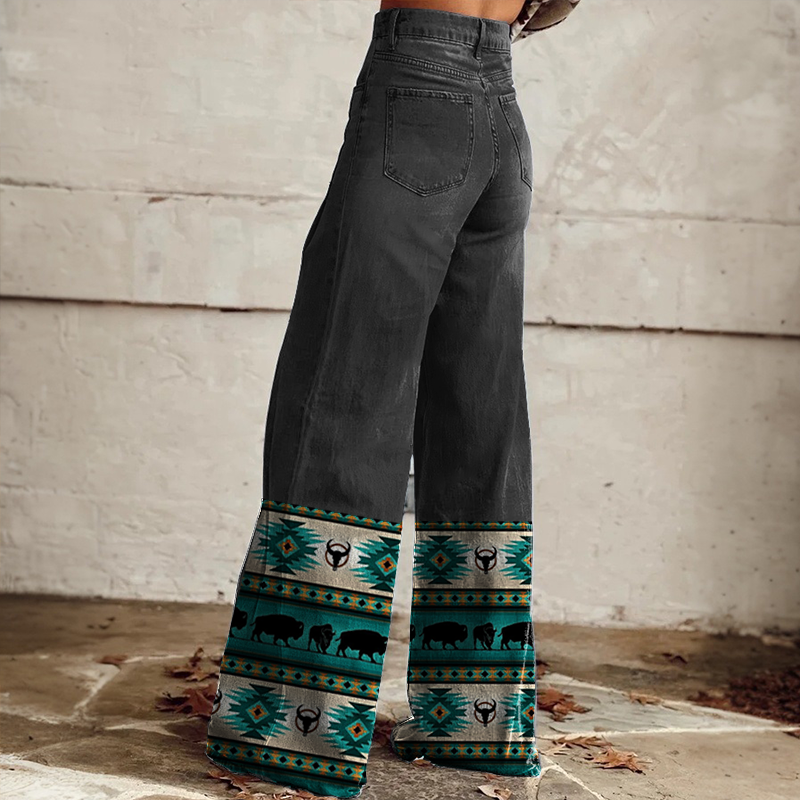 Women's Retro Western Geometric Country Ethnic Printed Faux Denim Wide Leg Pants