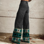Women's Retro Western Geometric Country Ethnic Printed Faux Denim Wide Leg Pants
