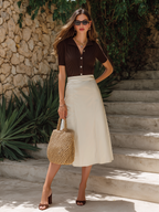 Elegant Knit Short-sleeved Shirt And Satin Skirt Set