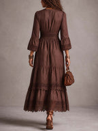 Vintage Puff-sleeve Lace Trim Cotton-linen Midi Dress