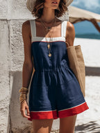 Vacation-style Color-block Square-neck Sleeveless Dark Blue Cotton-linen Romper