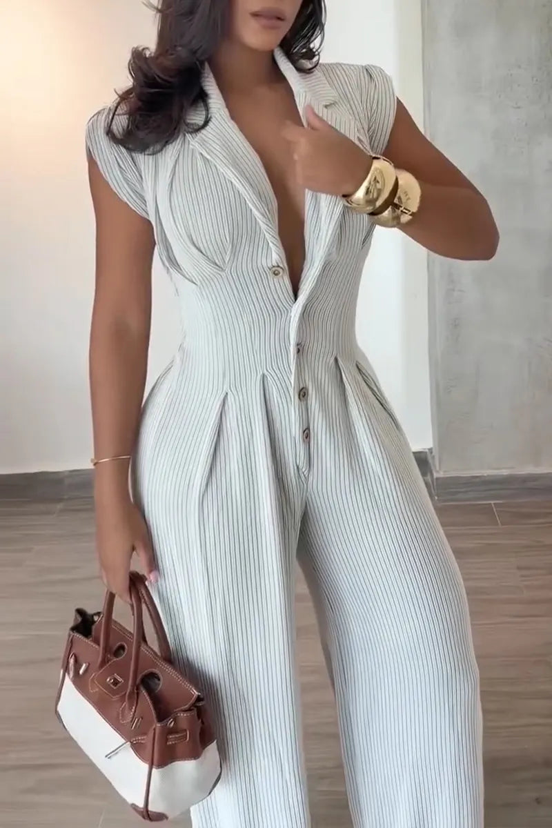 Women's Casual Lapel Button-Front Wide Leg Jumpsuit