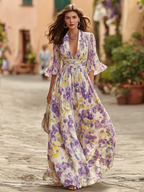 Elegant V-neck Flared Sleeves Floral Print Chiffon Maxi Dress