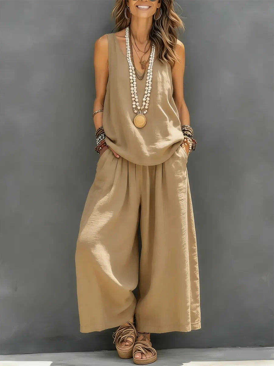 Women's Solid Color Casual Sleeveless Vest And Wide-leg Pants Cotton Linen Set