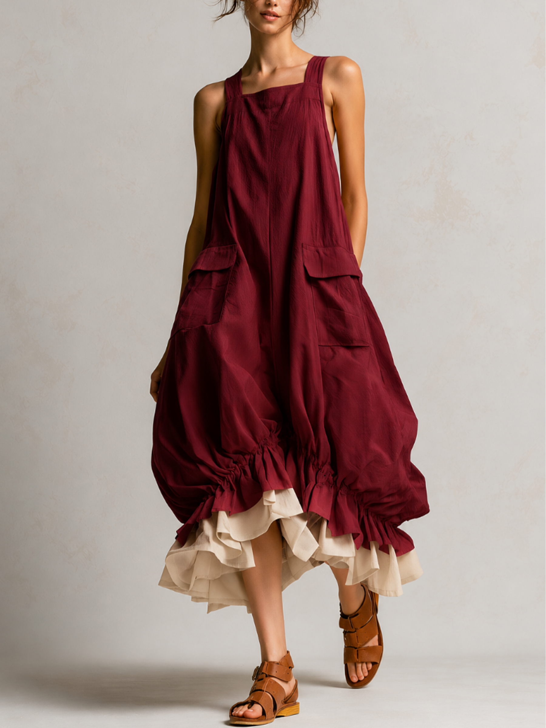Yellow Sleeveless Cargo Pocket Layered Ruffle Hem Midi Overall Dress