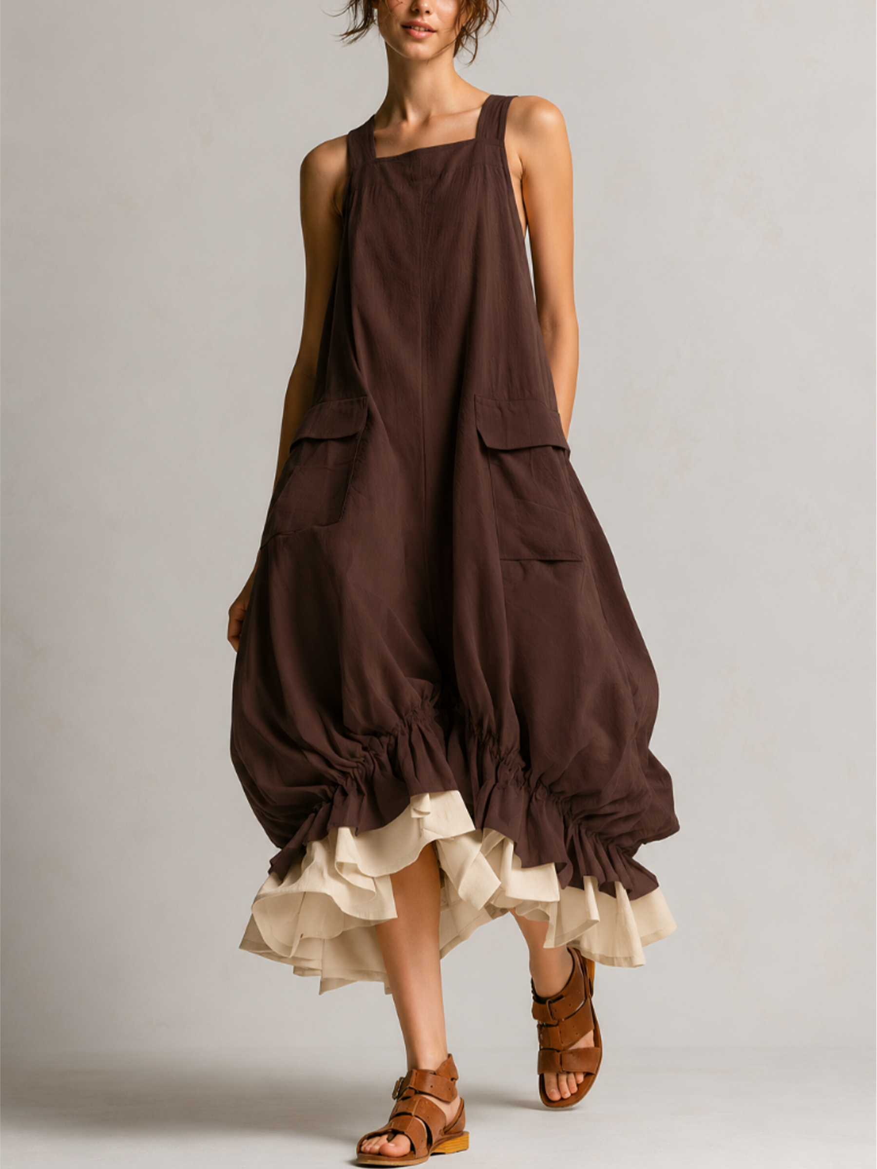 Yellow Sleeveless Cargo Pocket Layered Ruffle Hem Midi Overall Dress