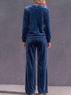 Women's Solid Color Round Neck Long Sleeve Casual Loose Top High Waist Wide Leg Pants Velvet Suit