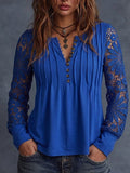 Solid-color Long-sleeve V-neck Pleated Top With Lace Cutouts