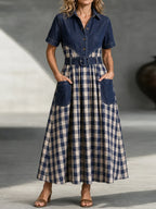 Vintage Denim Yoke & Plaid Patchwork Shirt Dress With Belt