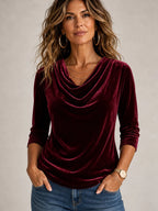 Wine Red Luxe Velvet Cowl Neck Top