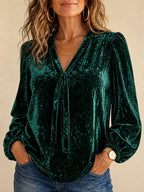 Chic V-neck Bow-tie Emerald Green Crushed Velvet Blouse With Puff Sleeves