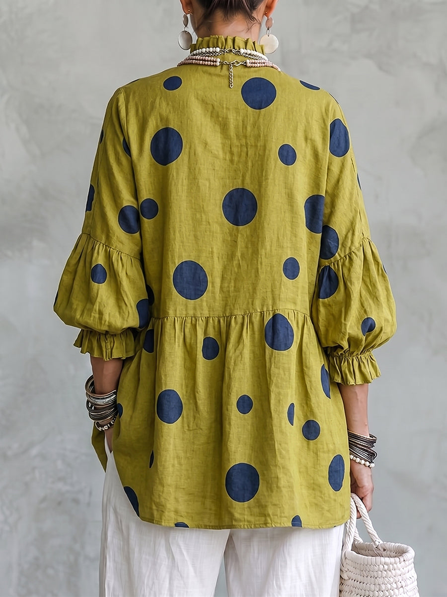 Boho Chic Olive Polka Dot Ruffled  Linen Tunic Top