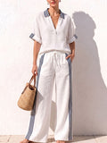 Women's Pullover Collar Short-sleeved Casual Loose Top And High-waisted Wide-leg Pants Cotton And Linen Set