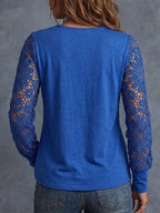 Solid-color Long-sleeve V-neck Pleated Top With Lace Cutouts