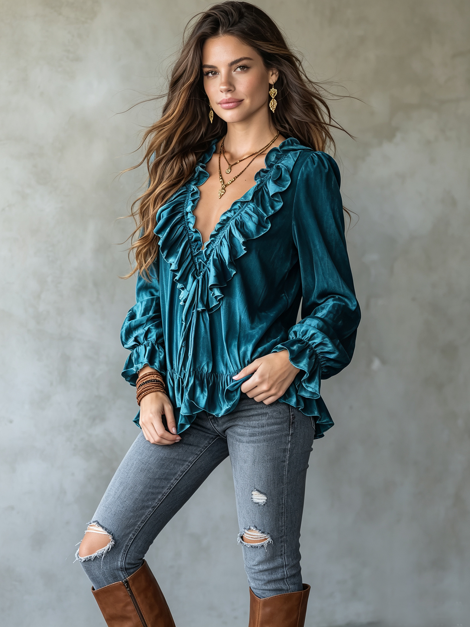 Bohemian Ruffled V-neck Velvet Shirt