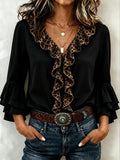 Romantic Leopard Ruffle Trim Tiered Bell Sleeves Chiffon Blouse
