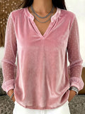 Women's Solid Color V-neck Long Sleeve Casual Loose Mesh And Velvet Patchwork Top