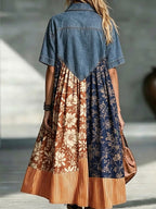 Denim Collar Spliced Vintage Floral Stripe Loose Midi Dress